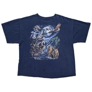 Vintage Mens 2XL Nature Scene‎ Wolves Bears Eagles Woth Full Moon Blue T-Shirt